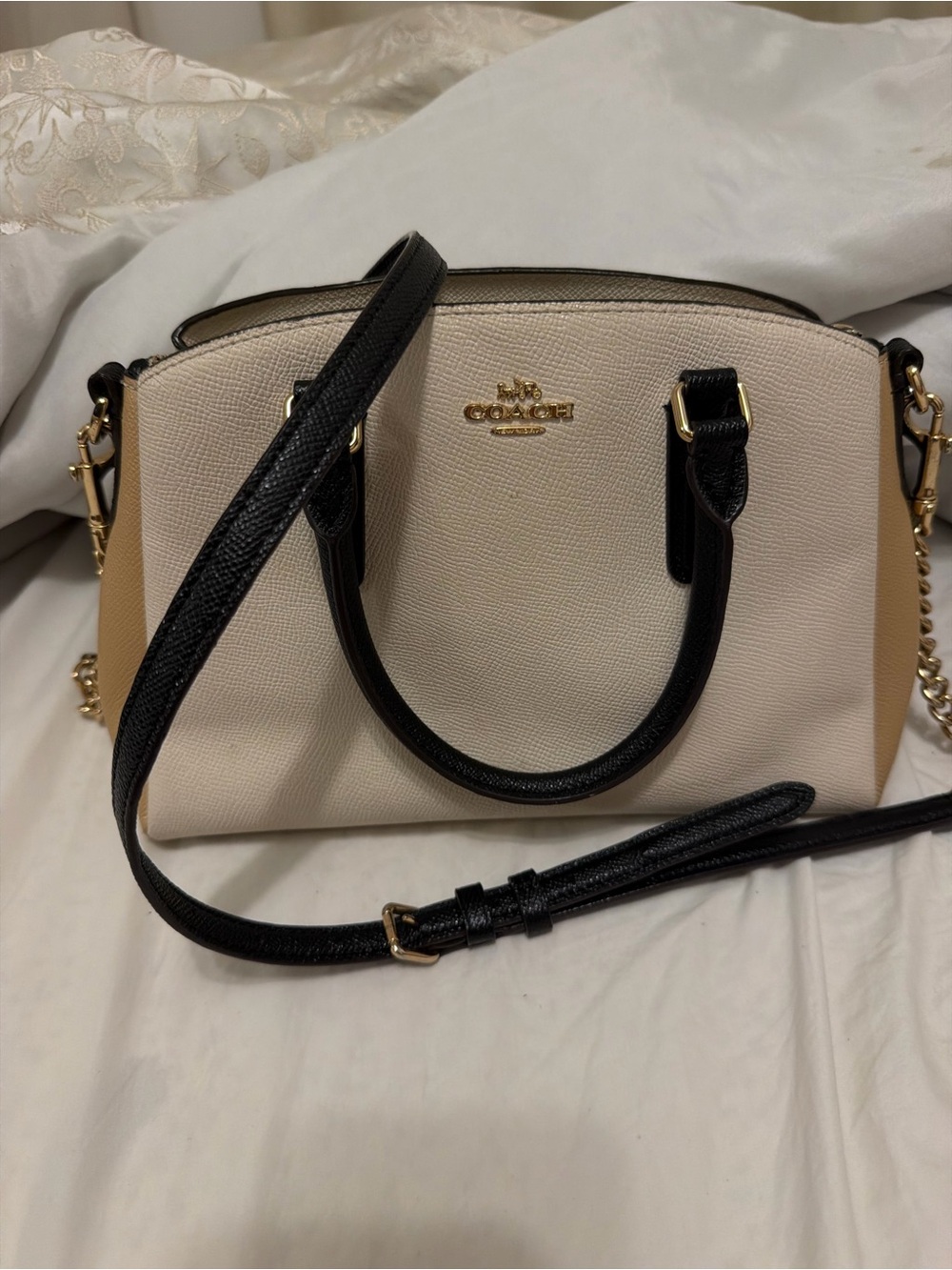 Coach Chalk and Black Dome Satchel with Tan Sides